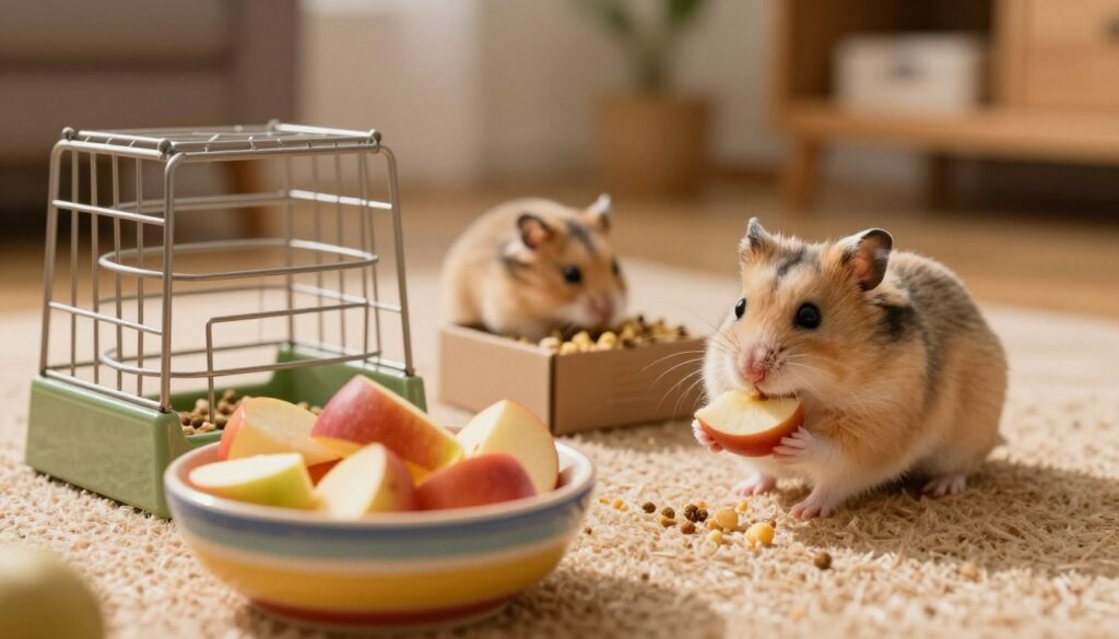 A cozy indoor scene featuring a hamster happily nibbling on a small slice of apple, surrounded by various feeding traps that an owner might unknowingly use. In the foreground, a colorful ceramic bowl is overflowing with fresh, chopped fruits, while an intricate maze-like feeding trap is on the side, showcasing potential mistakes in hamster feeding. The middle ground includes a playful curious hamster exploring a small cardboard box filled with food, teaching viewers about common pitfalls in feeding. The background is softly blurred, hinting at a warm, inviting living room with soft golden lighting, creating a calm and educational atmosphere. The camera angle is slightly above eye level, focusing on the hamster’s interactions, capturing both innocence and curiosity in this pet-owner relationship.