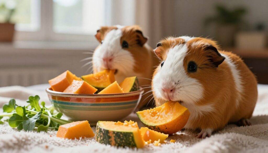 A cozy indoor scene featuring a pair of adorable guinea pigs munching on fresh orange and green pumpkin slices. The foreground showcases the guinea pigs in close-up, their fur soft and vivid, with expressive eyes. In the middle, there’s a colorful, rustic bowl filled with more pumpkin pieces, surrounded by a scattering of healthy greens. The background is a softly lit room with gentle natural sunlight filtering through a window, casting warm highlights on a comfortable blanket. The atmosphere feels playful and inviting, capturing the charm of small pets enjoying a nutritious snack. The focus is sharp, with a slight bokeh effect on the background, enhancing the lively essence of the guinea pigs’ meal time.