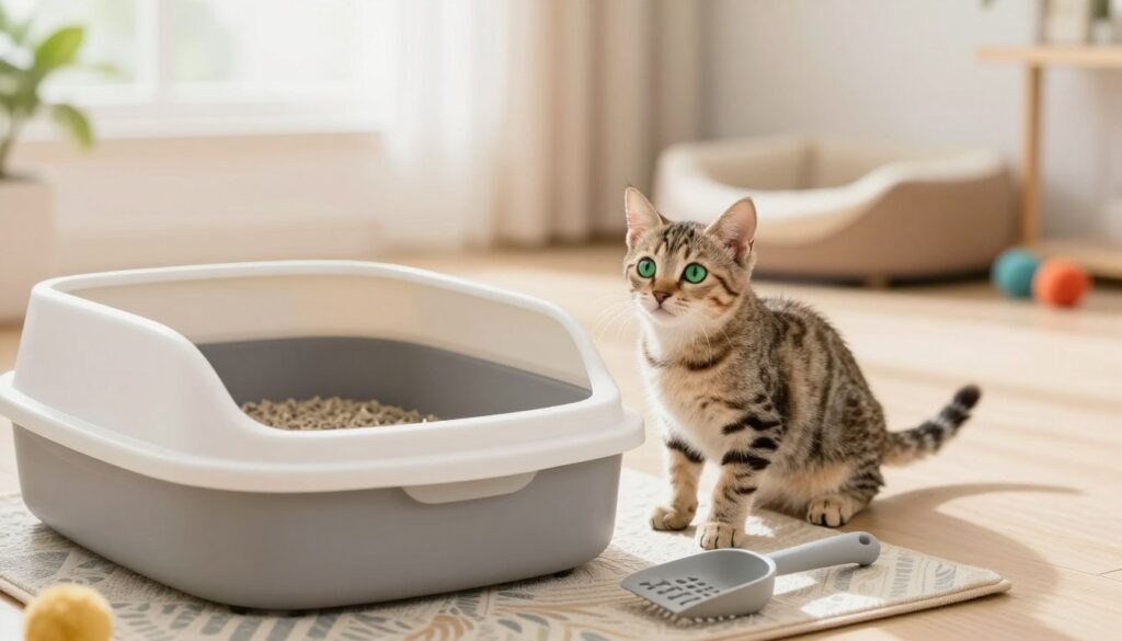 A cozy indoor setting featuring a clean and well-arranged litter box, or "kuwety," in the foreground. The litter box is filled with fine, natural clay litter, showcasing its texture. Next to it, a small scoop lies on a stylish mat. In the middle ground, an adorable tabby kitten curiously inspects the box, its bright green eyes playful and inquisitive. The background is softly blurred to reveal a warm, sunlit room filled with light pastel colors, a comfy cat bed, and a few cat toys scattered nearby. The overall mood is cheerful and inviting, emphasizing a nurturing atmosphere suitable for teaching a kitten. Use natural lighting for a soft, warm glow, creating a serene and playful ambiance in the image. A cozy indoor setting featuring a clean and well-arranged litter box, or "kuwety," in the foreground. The litter box is filled with fine, natural clay litter, showcasing its texture. Next to it, a small scoop lies on a stylish mat. In the middle ground, an adorable tabby kitten curiously inspects the box, its bright green eyes playful and inquisitive. The background is softly blurred to reveal a warm, sunlit room filled with light pastel colors, a comfy cat bed, and a few cat toys scattered nearby. The overall mood is cheerful and inviting, emphasizing a nurturing atmosphere suitable for teaching a kitten. Use natural lighting for a soft, warm glow, creating a serene and playful ambiance in the image.