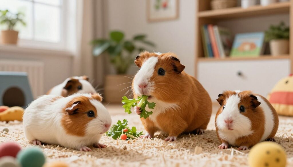 A cozy indoor setting featuring several adorable guinea pigs (świnki morskie) in a spacious, well-decorated cage filled with soft bedding and colorful toys. In the foreground, a few guinea pigs are playfully exploring their environment, their tiny feet gently scurrying on the bedding. In the middle, a larger guinea pig is curiously nibbling on fresh vegetables, showcasing its vibrant fur and expressive eyes. The background displays a softly lit room with a warm atmosphere, adorned with plants and shelves of guinea pig care books. Natural light filters in from a nearby window, creating a serene ambiance, while a gentle focus highlights the guinea pigs, evoking feelings of comfort and happiness. The overall scene captures their playful nature and emphasis on a stimulating environment.