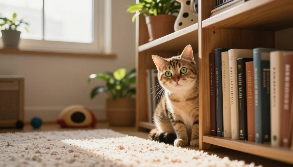 A cozy indoor setting, showcasing a curious cat peeking from behind a bookshelf filled with books and plants. The foreground features a soft, plush rug where the cat sits, with its green eyes wide and alert, demonstrating its inquisitive nature. In the middle ground, the bookshelf is adorned with various cat toys and a small potted plant, creating a homely atmosphere. The background reveals a sunlit window, casting warm golden light into the room, illuminating dust particles dancing in the air, adding to the serene mood. The scene captures the essence of a cat's stealthy personality, inspiring thoughts of clever search tactics for pet owners. A cozy indoor setting, showcasing a curious cat peeking from behind a bookshelf filled with books and plants. The foreground features a soft, plush rug where the cat sits, with its green eyes wide and alert, demonstrating its inquisitive nature. In the middle ground, the bookshelf is adorned with various cat toys and a small potted plant, creating a homely atmosphere. The background reveals a sunlit window, casting warm golden light into the room, illuminating dust particles dancing in the air, adding to the serene mood. The scene captures the essence of a cat's stealthy personality, inspiring thoughts of clever search tactics for pet owners.