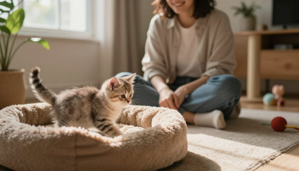 A cozy interior scene depicting the first days of a cat acclimating to its new home. In the foreground, a gentle, curious kitten with fluffy fur explores a soft, inviting cat bed. In the middle, a person in casual clothing sits on the floor with a friendly smile, quietly observing the kitten, creating a calm atmosphere. Warm, soft lighting filters through a nearby window, casting a serene glow throughout the room. In the background, elements like a plant, a scratching post, and scattered toys enhance the feeling of a welcoming environment. The mood is peaceful and nurturing, reflecting the theme of building trust without pressure, focusing on the initial bonding experience. A cozy interior scene depicting the first days of a cat acclimating to its new home. In the foreground, a gentle, curious kitten with fluffy fur explores a soft, inviting cat bed. In the middle, a person in casual clothing sits on the floor with a friendly smile, quietly observing the kitten, creating a calm atmosphere. Warm, soft lighting filters through a nearby window, casting a serene glow throughout the room. In the background, elements like a plant, a scratching post, and scattered toys enhance the feeling of a welcoming environment. The mood is peaceful and nurturing, reflecting the theme of building trust without pressure, focusing on the initial bonding experience.
