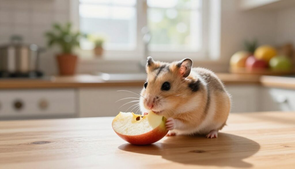 A cozy kitchen scene featuring a curious hamster exploring a small apple slice on a wooden table. In the foreground, the hamster, with soft fur and bright eyes, investigates the piece of fruit, showcasing its tiny paws and whiskers as it sniffs the apple. In the middle background, there's a softly lit window allowing natural daylight to filter in, casting gentle shadows across the scene. The kitchen is warm and inviting, with subtle decor like potted plants and colorful fruit baskets. The atmosphere is calm and wholesome, evoking a sense of care and attention to pet health. The image should be bright and vibrant, with a shallow depth of field focusing on the hamster and the apple slice.