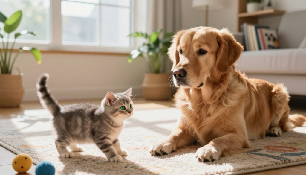 A cozy living room scene featuring a playful kitten and a gentle dog getting acquainted. In the foreground, the kitten, with fluffy gray fur and bright green eyes, curiously approaches the calm golden retriever, who is sitting on a soft, colorful rug. The dog's kind eyes reflect a sense of patience. In the middle ground, a few toys are scattered to create an inviting atmosphere, with sunlight streaming through a large window, casting warm rays across the room. The background shows a softly decorated space with potted plants and a bookshelf filled with pet-related books. The mood is warm and inviting, illustrating the gradual bonding process between these two animals, embodying companionship and mutual understanding. The lighting creates a serene and peaceful ambiance. A cozy living room scene featuring a playful kitten and a gentle dog getting acquainted. In the foreground, the kitten, with fluffy gray fur and bright green eyes, curiously approaches the calm golden retriever, who is sitting on a soft, colorful rug. The dog's kind eyes reflect a sense of patience. In the middle ground, a few toys are scattered to create an inviting atmosphere, with sunlight streaming through a large window, casting warm rays across the room. The background shows a softly decorated space with potted plants and a bookshelf filled with pet-related books. The mood is warm and inviting, illustrating the gradual bonding process between these two animals, embodying companionship and mutual understanding. The lighting creates a serene and peaceful ambiance.