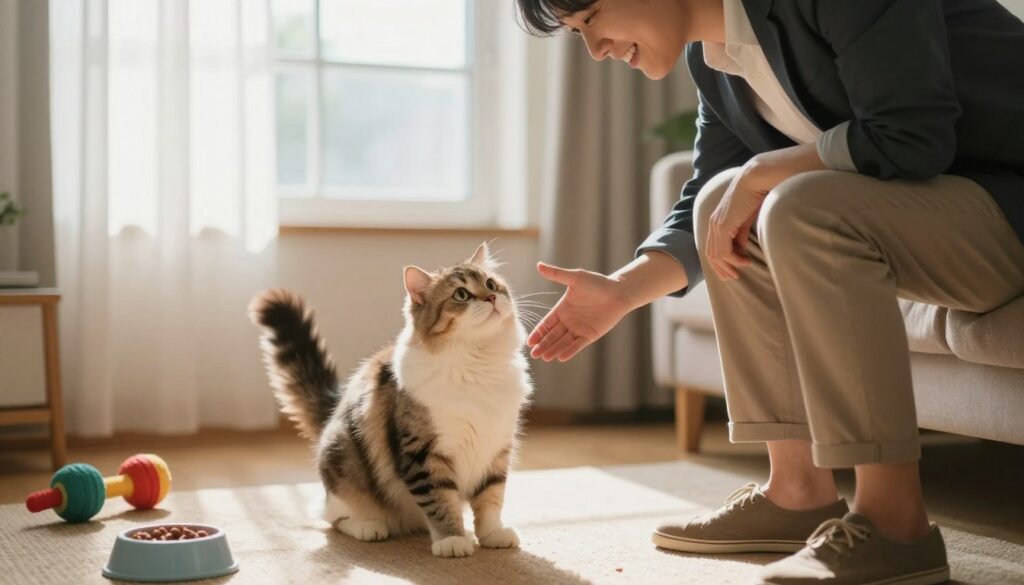 A cozy living room scene where a person, dressed in business casual attire, is gently calling a fluffy, playful cat with a welcoming gesture. In the foreground, the person leans slightly forward, showcasing an inviting smile, while in the middle ground, the curious cat is looking up with wide eyes, captivated by the person's gesture. The background features a warm and sunny window with soft sheer curtains that allow natural light to filter in, illuminating the space with a warm glow. A few colorful toys and a small food bowl are placed on the floor, hinting at the rewards for training. The atmosphere is playful and encouraging, evoking a sense of connection and trust between the person and the cat. A cozy living room scene where a person, dressed in business casual attire, is gently calling a fluffy, playful cat with a welcoming gesture. In the foreground, the person leans slightly forward, showcasing an inviting smile, while in the middle ground, the curious cat is looking up with wide eyes, captivated by the person's gesture. The background features a warm and sunny window with soft sheer curtains that allow natural light to filter in, illuminating the space with a warm glow. A few colorful toys and a small food bowl are placed on the floor, hinting at the rewards for training. The atmosphere is playful and encouraging, evoking a sense of connection and trust between the person and the cat.