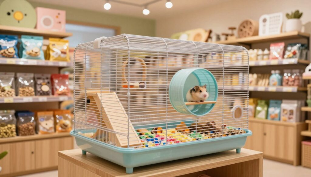 A cozy, well-lit pet store interior showcasing a vibrant hamster cage prominently displayed in the foreground. The cage features multiple levels connected by delightful ramps and a small wheel for exercise, adorned with colorful bedding and chew toys, highlighting the joyful environment for a hamster. In the middle ground, shelves showcase various hamster supplies like food, bedding, and accessories, all neatly organized. The background reveals a cheerful store atmosphere with soft, warm lighting illuminating the scene, creating an inviting feel. The lens is slightly elevated, capturing the cage at an enticing angle while ensuring all elements are in focus, evoking a sense of curiosity and excitement about being a new hamster owner. A cozy, well-lit pet store interior showcasing a vibrant hamster cage prominently displayed in the foreground. The cage features multiple levels connected by delightful ramps and a small wheel for exercise, adorned with colorful bedding and chew toys, highlighting the joyful environment for a hamster. In the middle ground, shelves showcase various hamster supplies like food, bedding, and accessories, all neatly organized. The background reveals a cheerful store atmosphere with soft, warm lighting illuminating the scene, creating an inviting feel. The lens is slightly elevated, capturing the cage at an enticing angle while ensuring all elements are in focus, evoking a sense of curiosity and excitement about being a new hamster owner.