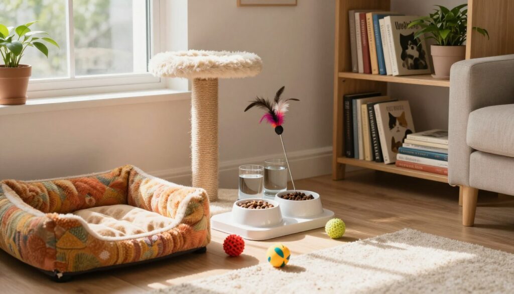 A cozy, well-organized living space featuring a neatly arranged cat supply area. In the foreground, a colorful cat bed and a variety of toys like balls and feather wands. The middle ground includes a feeding station with stylish dishes for food and water, and a scratching post adorned with natural materials. Soft natural light filters through a nearby window, casting gentle shadows and highlighting the textures of the items. In the background, there are shelves filled with books about cat care and a potted plant, adding a touch of greenery to the scene. The atmosphere is warm and inviting, emphasizing a nurturing environment for a happy, healthy cat.