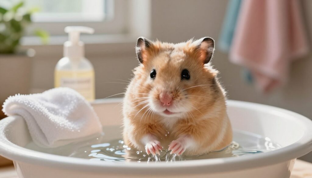 A curious and fluffy hamster with soft, light brown fur is sitting in a small, shallow basin filled with lukewarm water, looking slightly apprehensive yet adorable. In the foreground, the hamster's tiny paws are splashing playfully in the water while small droplets shimmer in the soft, natural sunlight that filters down from above. In the middle ground, there are various pet care supplies, like a gentle washcloth and a soap-free hamster shampoo nearby, hinting at a safe bathing process. The background is a cozy home environment with a soft, colorful towel hanging on a rack and gentle greenery peeking through a window. The atmosphere is warm and caring, aiming to reflect a loving pet owner’s concern for their hamster’s hygiene without causing stress. A curious and fluffy hamster with soft, light brown fur is sitting in a small, shallow basin filled with lukewarm water, looking slightly apprehensive yet adorable. In the foreground, the hamster's tiny paws are splashing playfully in the water while small droplets shimmer in the soft, natural sunlight that filters down from above. In the middle ground, there are various pet care supplies, like a gentle washcloth and a soap-free hamster shampoo nearby, hinting at a safe bathing process. The background is a cozy home environment with a soft, colorful towel hanging on a rack and gentle greenery peeking through a window. The atmosphere is warm and caring, aiming to reflect a loving pet owner’s concern for their hamster’s hygiene without causing stress.
