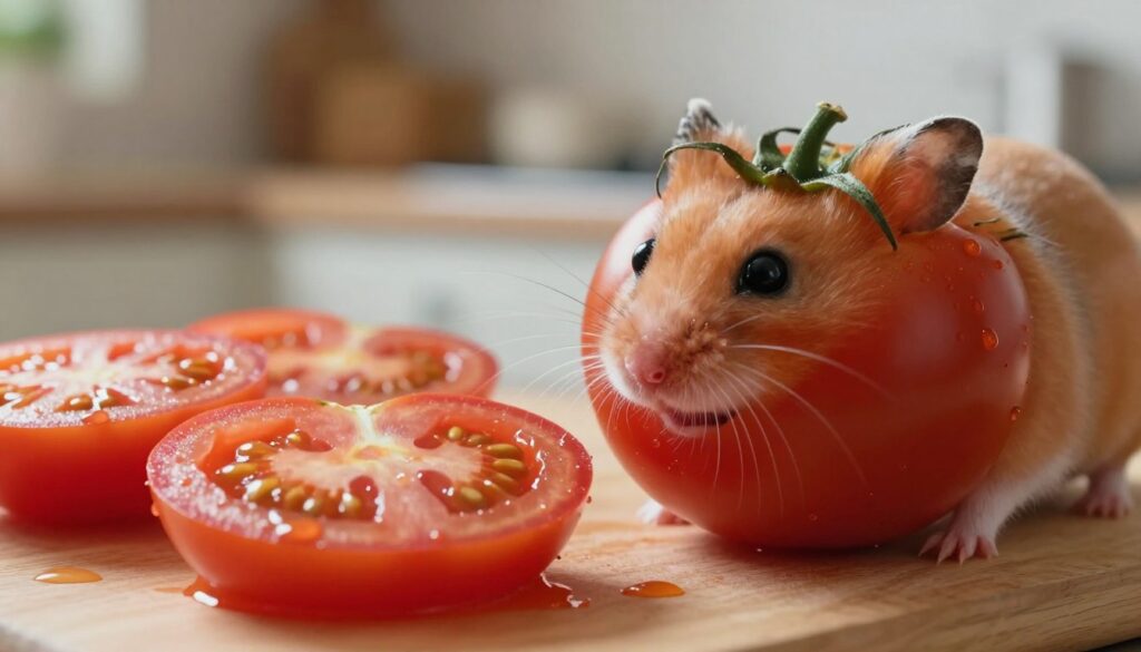 A curious hamster exploring the vibrant world of a ripe tomato, with the focus on the tomato's rich red skin and glistening seeds. In the foreground, the hamster delicately approaches the tomato, its small paws reaching out to touch the juicy surface. The middle ground features a cutting board with slices of the tomato, emphasizing the texture and acidity of the fruit, while subtle droplets of juice add a fresh look. The background showcases a soft-focus kitchen environment with warm, natural lighting that creates a cozy atmosphere. Capture the moment with a macro lens to highlight the intricate details of the hamster's whiskers and the tomato's surface, conveying a sense of curiosity and exploration. A curious hamster exploring the vibrant world of a ripe tomato, with the focus on the tomato's rich red skin and glistening seeds. In the foreground, the hamster delicately approaches the tomato, its small paws reaching out to touch the juicy surface. The middle ground features a cutting board with slices of the tomato, emphasizing the texture and acidity of the fruit, while subtle droplets of juice add a fresh look. The background showcases a soft-focus kitchen environment with warm, natural lighting that creates a cozy atmosphere. Capture the moment with a macro lens to highlight the intricate details of the hamster's whiskers and the tomato's surface, conveying a sense of curiosity and exploration.