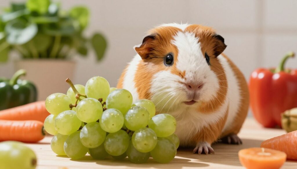 A cute, fluffy guinea pig in a well-lit room, surrounded by fresh fruits and vegetables, with a focus on a bunch of grapes slightly out of reach. The guinea pig, with its expressive eyes and soft fur, is curiously sniffing the grapes, giving a hint of caution. In the background, a leafy green plant and some other colorful veggies like carrots and bell peppers add depth to the scene. The lighting is warm and inviting, casting gentle shadows that highlight the textures of the guinea pig's fur and the glossy finish of the grapes. The atmosphere is playful yet educational, embodying the theme of safe pet care. No text or overlays are present.