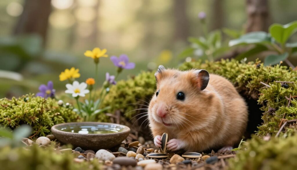A cute, sandy-colored Dzungarian hamster nestled in a cozy, natural environment, surrounded by soft, green moss and small pebbles. In the foreground, the hamster is curiously peeking out of a small burrow, its tiny paws visible as it holds a sunflower seed. The middle ground features a delicate arrangement of vibrant wildflowers and a small, shallow water dish, reflecting the soft, warm light filtering through the forest canopy above. The background consists of gentle, blurred outlines of leafy plants and trees, creating a serene and peaceful atmosphere. The lighting is soft and diffused, suggesting a calm afternoon, with a focus on the hamster’s expressive eyes, capturing a moment of solitude. The overall mood conveys both the charm of companionship and the potential loneliness of the small creature.
