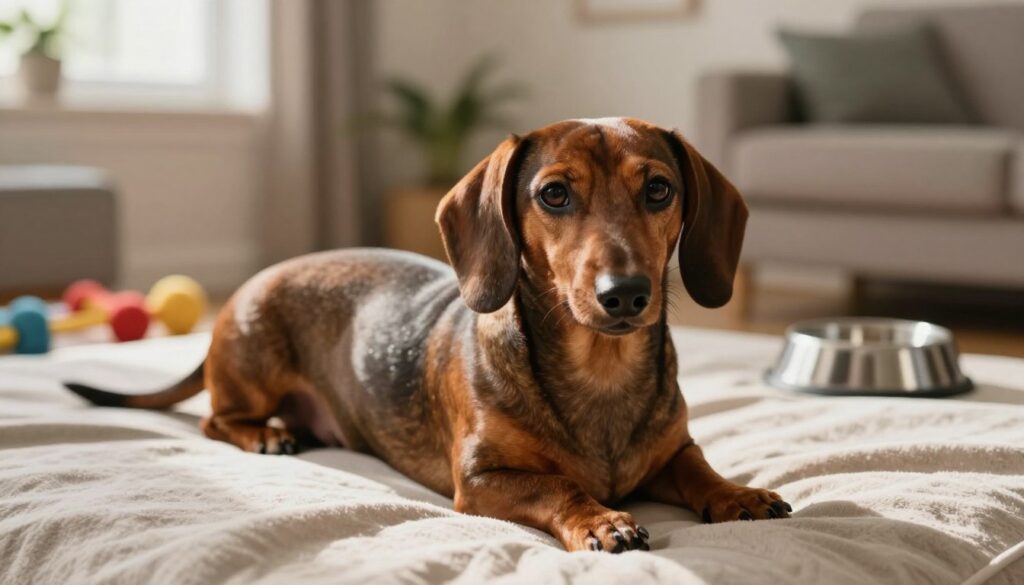 A dachshund displaying symptoms of intervertebral disc disease, lying on a soft, comfortable bed with a concerned expression. The foreground features the dachshund, its body slightly hunched, with visible signs of discomfort in its posture. The middle scene captures a cozy living room setting, filled with pet toys and a dog bowl, conveying a warm atmosphere. In the background, sunlight filters through a window, casting gentle shadows that enhance the feeling of tranquility. The lighting is soft and warm, creating a caring ambiance. The focus is on the dog's facial expressions and body language, emphasizing empathy and concern for its health condition. The overall mood is supportive and informative.