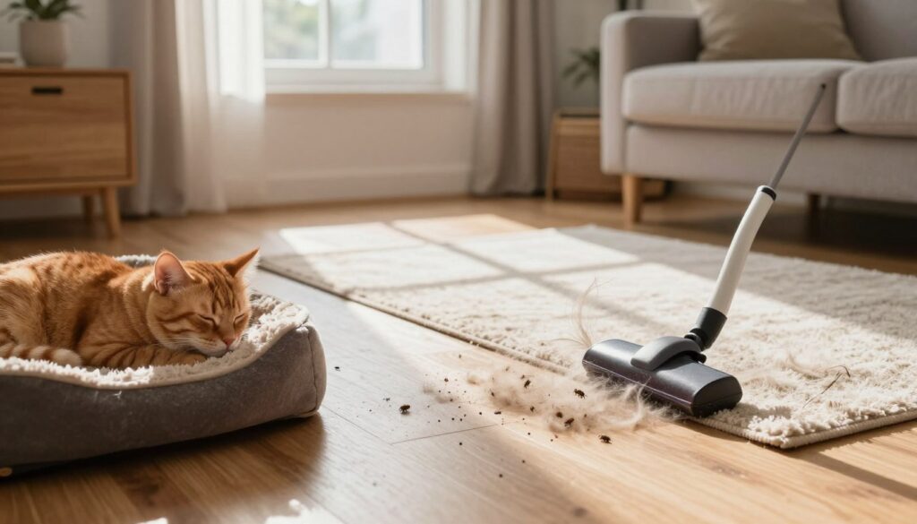A detailed and inviting interior scene of a cozy living room, showcasing various surfaces where fleas might be found. In the foreground, a cat bed with a sleeping ginger cat, relaxed and unaware of potential fleas. The middle ground features a clean wooden floor scattered with vacuumed fur and a soft rug that hints at hidden flea eggs and larvae. The background displays a bright window allowing warm sunlight to stream in, illuminating the area and creating a welcoming atmosphere. The mood is calm yet slightly alert, suggesting a need for vigilance in pest control. Use soft lighting to create shadows, emphasizing the textures of the furniture and the soft fur of the cat, capturing a sense of home care and cleanliness. A detailed and inviting interior scene of a cozy living room, showcasing various surfaces where fleas might be found. In the foreground, a cat bed with a sleeping ginger cat, relaxed and unaware of potential fleas. The middle ground features a clean wooden floor scattered with vacuumed fur and a soft rug that hints at hidden flea eggs and larvae. The background displays a bright window allowing warm sunlight to stream in, illuminating the area and creating a welcoming atmosphere. The mood is calm yet slightly alert, suggesting a need for vigilance in pest control. Use soft lighting to create shadows, emphasizing the textures of the furniture and the soft fur of the cat, capturing a sense of home care and cleanliness.