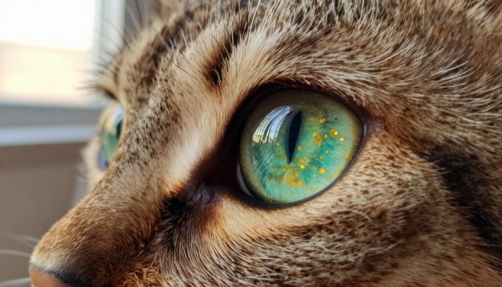 A detailed close-up of a cat's eye, showcasing the intricate structure from the cornea to the retina. The foreground features the cat's eye with its vibrant colors — emerald green with golden flecks — illuminated by soft, natural daylight. The middle ground captures the texture of the fur surrounding the eye, emphasizing its softness and rich patterns. The background is softly blurred, hinting at a cozy indoor environment, perhaps with a hint of a warm window light. The lighting should create a gentle glow around the eye, enhancing its depth and the reflections within, conveying a sense of mystery and agility. The overall mood is serene yet captivating, embodying the essence of feline vision.