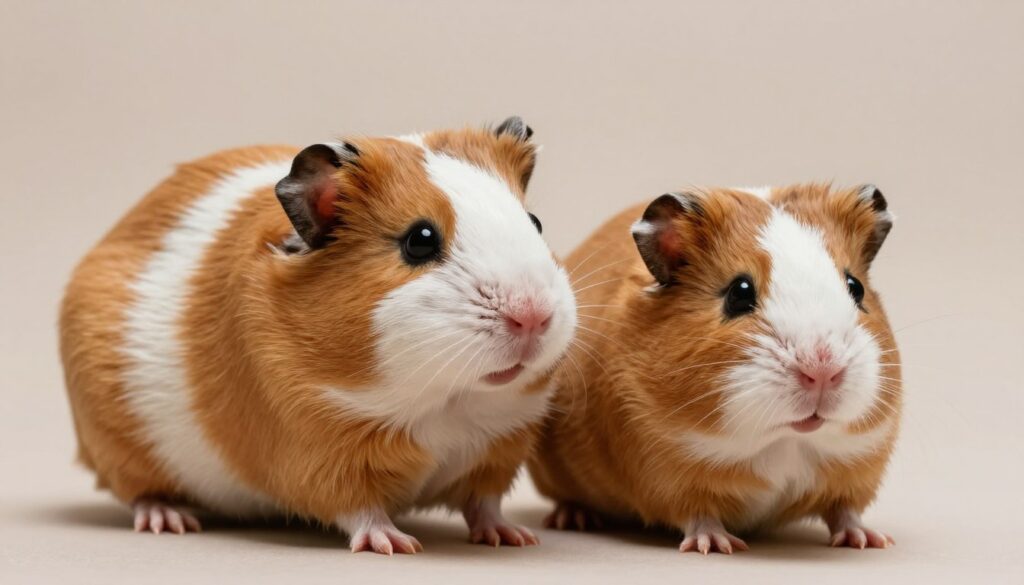 A detailed close-up of two Syrian hamsters, one male and one female, positioned against a soft, neutral background. The male hamster has a slightly larger build and a distinct color pattern, showcasing features like a robust body shape and firmer fur texture. The female hamster, smaller and with a softer appearance, displays subtle coloration differences that highlight her unique markings. Soft, natural lighting enhances their textures, casting gentle shadows to create depth. The focus is sharp on the hamsters, with a shallow depth of field to blur the background slightly. The mood is informative and warm, inviting the viewer to explore the differences in behavior and appearance between genders.