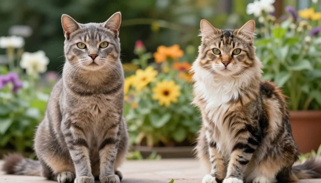 A detailed depiction of a cat highlighting its unique coat patterns, showcasing both male and female examples for comparison. In the foreground, feature two cats sitting side by side, one with a sleek, short-haired coat and the other with a fluffy, long-haired coat. The male cat is muscular with a broad head, while the female is more slender with a graceful outline. In the middle background, depict a softly blurred garden setting with vibrant flowers and lush greenery to convey a serene atmosphere. Use soft, natural lighting to illuminate the cats, casting gentle shadows that accentuate their shapes. Aim for a close-up angle to focus on the intricacies of their fur patterns and expressions, creating an inviting and informative mood.
