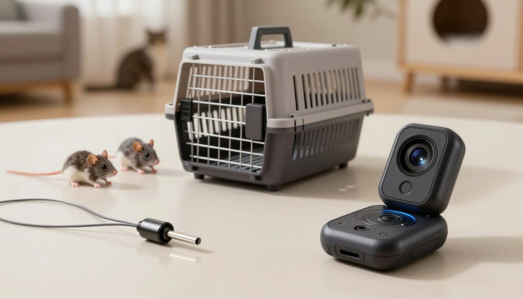 A detailed flat lay arrangement of essential cat equipment for pet recovery, featuring a sleek microchip, a well-designed humane trap, an advanced night vision camera, and a compact GPS tracker. The foreground highlights the microchip and GPS tracker with a slightly reflective surface, showcasing their modern design. In the middle, the humane trap is open with its features clearly visible, surrounded by a few toy mice as visual props to illustrate its purpose. The background includes faint silhouettes of a cozy home environment with soft lighting to evoke a sense of safety and warmth, hinting at the cat's potential hiding spots. The atmosphere is calm and focused, emphasizing preparation and care in the pursuit of a lost indoor cat. A detailed flat lay arrangement of essential cat equipment for pet recovery, featuring a sleek microchip, a well-designed humane trap, an advanced night vision camera, and a compact GPS tracker. The foreground highlights the microchip and GPS tracker with a slightly reflective surface, showcasing their modern design. In the middle, the humane trap is open with its features clearly visible, surrounded by a few toy mice as visual props to illustrate its purpose. The background includes faint silhouettes of a cozy home environment with soft lighting to evoke a sense of safety and warmth, hinting at the cat's potential hiding spots. The atmosphere is calm and focused, emphasizing preparation and care in the pursuit of a lost indoor cat.