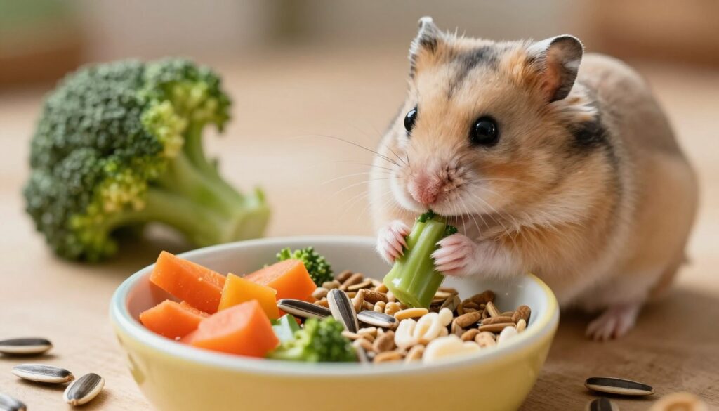 A detailed view of a hamster's daily food portions, showcasing a small, colorful bowl filled with various hamster-friendly foods like seeds, pellets, and pieces of fresh vegetables, such as carrots and bell peppers. In the foreground, the bowl is surrounded by a few scattered sunflower seeds to depict the playful nature of the hamster. The middle ground features a curious hamster nibbling on a piece of broccoli, looking fluffy and well-groomed, with bright, expressive eyes. The background is softly blurred to focus on the hamster and food. Warm, natural lighting creates a cozy atmosphere, enhancing the visual appeal. The angle is slightly above the hamster, allowing viewers to appreciate both the food and the adorable creature.