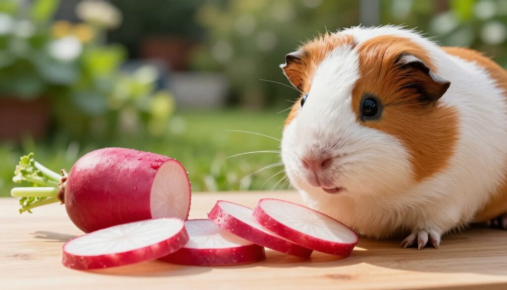 A guinea pig curiously inspecting a freshly sliced radish, with the radish pieces arranged on a clean wooden surface. In the foreground, the guinea pig's soft fur is detailed, showcasing its inquisitive expression as it sniffs the radish. In the middle, the radish slices are vividly red and white, glistening slightly to suggest freshness. The background features a softly blurred, lush green garden setting, enhancing the natural atmosphere. The lighting is warm and inviting, simulating a sunny afternoon, capturing a cozy and playful mood. The angle is slightly above the guinea pig to emphasize its interaction with the food. The image conveys a sense of nurturing care.