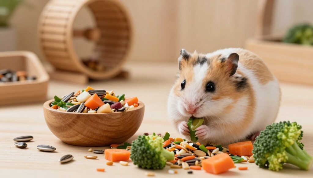 A lively and balanced diet for a hamster is showcased in a charming, cozy setting. In the foreground, a cute, fluffy hamster is eating a mix of colorful fresh vegetables, seeds, and grains, with bits of carrots and broccoli prominently displayed. In the middle ground, a small wooden bowl is filled with healthy treats, surrounded by scattered sunflower seeds. The background features a warm, softly lit habitat with natural wood accents and a small wheel for exercise. The lighting is soft and inviting, creating a nurturing atmosphere. The scene is viewed from a slightly elevated angle, allowing for a clear view of the hamster and its food. The mood is cheerful and wholesome, perfect for illustrating a balanced daily diet for a pet hamster. A lively and balanced diet for a hamster is showcased in a charming, cozy setting. In the foreground, a cute, fluffy hamster is eating a mix of colorful fresh vegetables, seeds, and grains, with bits of carrots and broccoli prominently displayed. In the middle ground, a small wooden bowl is filled with healthy treats, surrounded by scattered sunflower seeds. The background features a warm, softly lit habitat with natural wood accents and a small wheel for exercise. The lighting is soft and inviting, creating a nurturing atmosphere. The scene is viewed from a slightly elevated angle, allowing for a clear view of the hamster and its food. The mood is cheerful and wholesome, perfect for illustrating a balanced daily diet for a pet hamster.