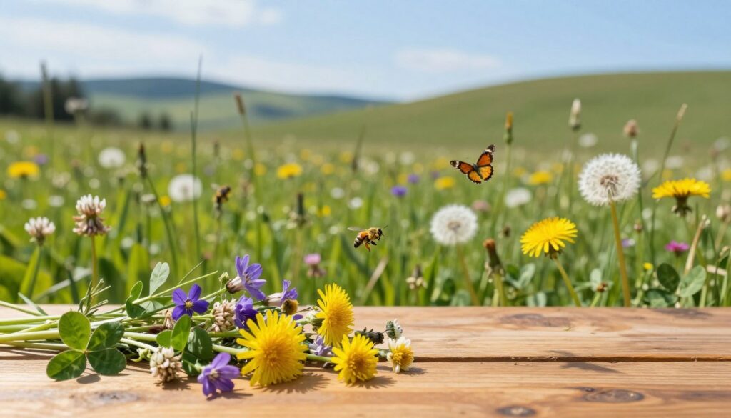 A lush meadow filled with a variety of wild plants, prominently featuring dandelions, clover, and soft green grasses. In the foreground, a close-up of freshly picked wildflowers sits on a wooden table, showcasing their vibrant colors and delicate petals. The middle ground captures the rich textures of the meadow, with butterflies flitting around and bees gathering pollen, creating a sense of life and activity. The background is softly blurred, presenting a serene landscape of rolling hills under a bright blue sky, illuminated by gentle sunlight. The mood is peaceful and inviting, ideal for conveying the beauty and safety of foraging for meadow plants. The image is captured from a slightly elevated angle, highlighting both the foreground details and the expansive meadow.