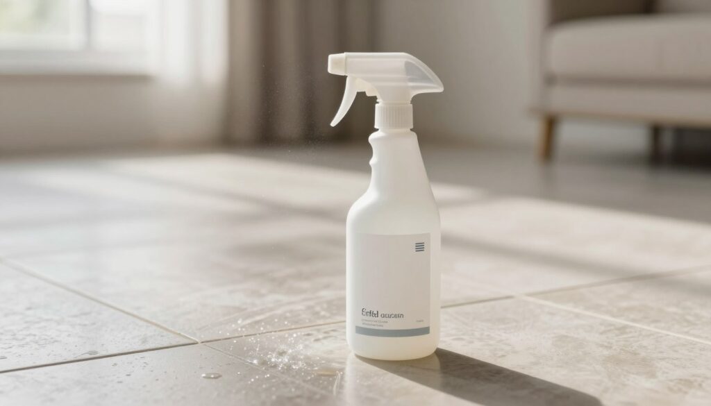 A modern and sleek cat urine odor neutralizer spray bottle prominently displayed in the foreground, with a clean, minimalist design showcasing its label. In the middle ground, a tiled floor is depicted, slightly damp as if it has just been cleaned. Subtle droplets of the neutralizer are visible, giving a sense of freshness and cleanliness. In the background, a well-lit room with neutral colors, including soft lighting streaming through a window, creates a calm and inviting atmosphere. The scene is carefully composed from a slight overhead angle to capture both the product and the environment, evoking a feeling of hope and relief for pet owners dealing with odor issues. A modern and sleek cat urine odor neutralizer spray bottle prominently displayed in the foreground, with a clean, minimalist design showcasing its label. In the middle ground, a tiled floor is depicted, slightly damp as if it has just been cleaned. Subtle droplets of the neutralizer are visible, giving a sense of freshness and cleanliness. In the background, a well-lit room with neutral colors, including soft lighting streaming through a window, creates a calm and inviting atmosphere. The scene is carefully composed from a slight overhead angle to capture both the product and the environment, evoking a feeling of hope and relief for pet owners dealing with odor issues.