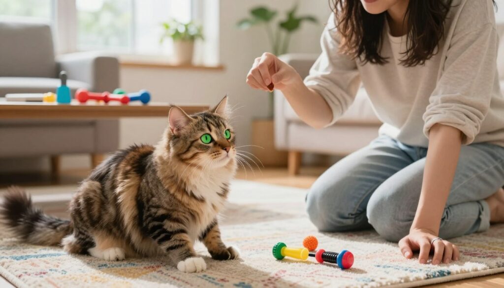 A playful cat engaged in training with a clicker in a cozy living room setting. In the foreground, the cat, a fluffy tabby with bright green eyes, is perched on a colorful rug, eagerly responding to its owner. The owner, dressed in casual, modest clothing, is kneeling beside the cat, holding a treat as motivation. In the middle ground, a training clicker and some toys are laid out on a low table, illustrating the training tools. In the background, a sunlit window showcases plants, creating a warm and inviting atmosphere. Soft, natural lighting highlights the bond between the cat and owner, conveying a sense of playfulness and love. A playful cat engaged in training with a clicker in a cozy living room setting. In the foreground, the cat, a fluffy tabby with bright green eyes, is perched on a colorful rug, eagerly responding to its owner. The owner, dressed in casual, modest clothing, is kneeling beside the cat, holding a treat as motivation. In the middle ground, a training clicker and some toys are laid out on a low table, illustrating the training tools. In the background, a sunlit window showcases plants, creating a warm and inviting atmosphere. Soft, natural lighting highlights the bond between the cat and owner, conveying a sense of playfulness and love.