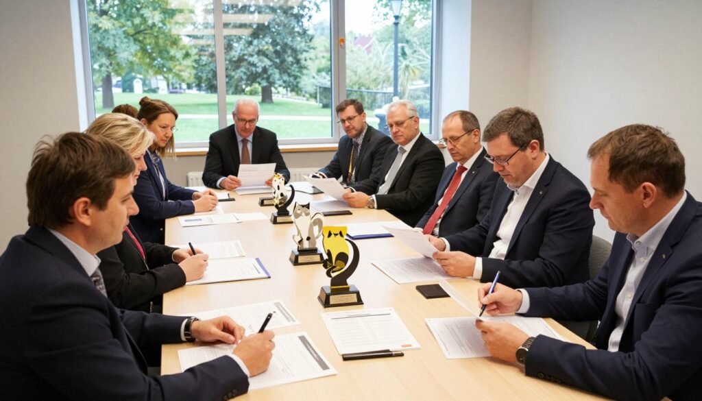 A professional gathering of cat breeding organization representatives in a well-lit, modern conference room. In the foreground, a diverse group of people dressed in smart business attire are discussing and reviewing breed standards, their expressions focused and engaged. In the middle, a large table filled with documents, cat registration forms, and breed guidelines, alongside a few elegant cat show trophies. In the background, a large window showing a view of a park with trees, providing natural light that creates a warm atmosphere. The overall mood is one of dedication and professionalism, illustrating the importance of legal standards and registration processes in cat breeding organizations in Poland.