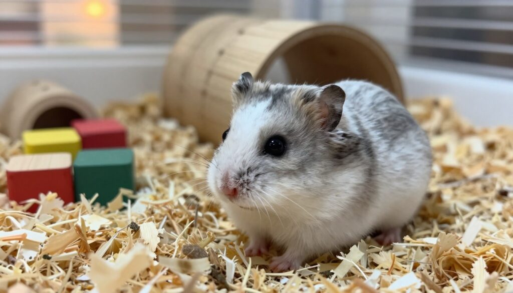 A realistic and detailed close-up of a Dzungarian hamster, also known as the winter white dwarf hamster, in a naturalistic setting. In the foreground, show the hamster with its soft, fluffy gray and white fur, large black eyes, and tiny paws surrounded by a bed of fresh bedding materials like aspen shavings. In the middle ground, include natural elements such as small colorful wooden chew toys and a miniature tunnel that imitates its natural habitat. In the background, subtle hints of a well-lit, cozy cage environment with soft, warm lighting to suggest a safe atmosphere. The mood should feel tranquil and inviting, emphasizing natural behaviors like exploring and foraging. Use a shallow depth of field to focus on the hamster, blurring the background slightly to create a sense of intimacy.