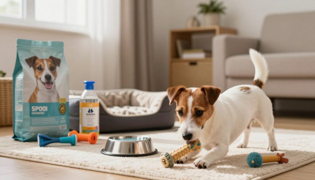 A realistic depiction of a Jack Russell Terrier in a cozy living room setting, surrounded by pet care essentials such as dog food bags, grooming tools, and toys. In the foreground, the dog is playfully engaging with a chew toy, showcasing its energetic nature. The middle ground features neatly organized pet supplies, with a focus on a stylish dog bed and a bowl filled with fresh water. The background displays a warm, inviting interior with soft lighting streaming through a window, illuminating the cheerful atmosphere. The color palette includes earthy tones to evoke a sense of comfort and warmth. Overall, the image conveys a caring environment that reinforces the theme of dog ownership and maintenance costs.