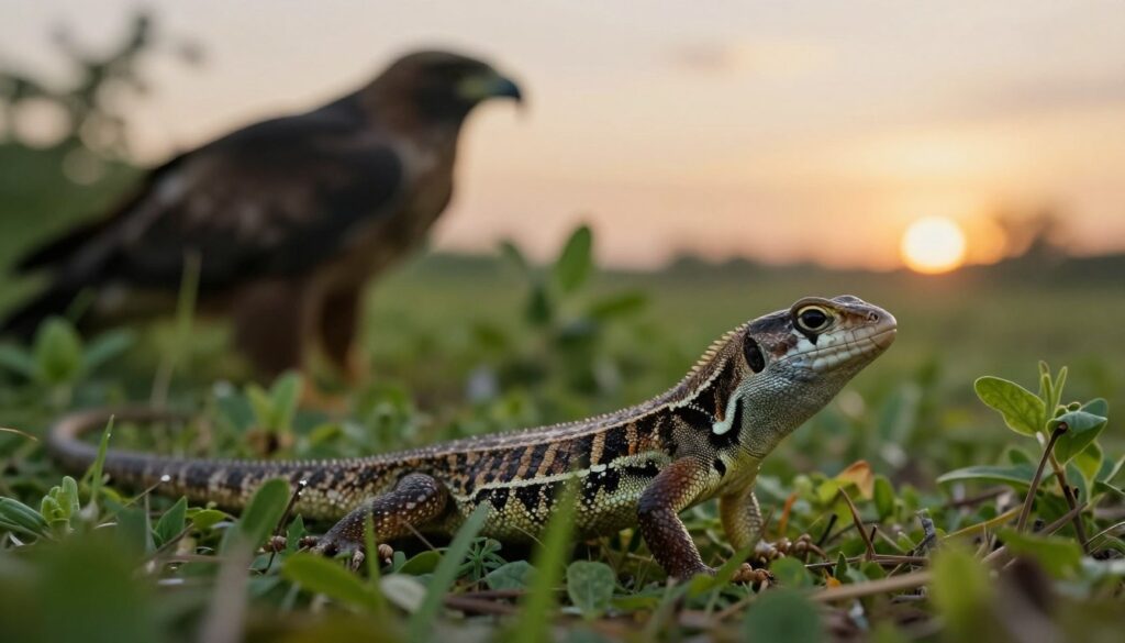 A realistic depiction of a common lizard in a natural environment, showcasing its vulnerabilities against natural threats. In the foreground, focus on the lizard with detailed textures and colors, blending into a lush green background of plants and grass. Include subtle movements that suggest the lizard is on alert, aware of its surroundings. The middle ground features a blurred depiction of lurking predators, such as a bird of prey, partially obscured by foliage, adding tension to the scene. In the background, a soft bokeh effect enhances the depth, depicting an expansive sky transitioning from daylight to dusk, casting warm, golden light that creates a dramatic atmosphere. The overall mood should evoke a sense of caution and survival in the wild.