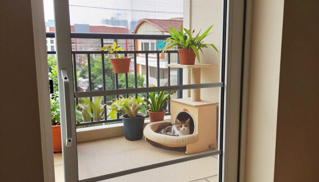 A secure balcony door and window scene designed for cat safety. In the foreground, a sturdy, reinforced mesh screen is fitted to the balcony door, clearly illustrating the security features while allowing light to pass. The middle showcases a beautifully decorated balcony adorned with potted plants and a cozy cat bed, hinting at a comfortable retreat for the feline. The background features a sunny urban landscape with soft, natural light streaming in, creating a warm and inviting atmosphere. Capture the scene from a slightly elevated angle to emphasize the door’s security while also highlighting the comfortable space for the cat. The overall mood should be safe, cozy, and peaceful, perfect for pet owners ensuring their feline companions' safety. A secure balcony door and window scene designed for cat safety. In the foreground, a sturdy, reinforced mesh screen is fitted to the balcony door, clearly illustrating the security features while allowing light to pass. The middle showcases a beautifully decorated balcony adorned with potted plants and a cozy cat bed, hinting at a comfortable retreat for the feline. The background features a sunny urban landscape with soft, natural light streaming in, creating a warm and inviting atmosphere. Capture the scene from a slightly elevated angle to emphasize the door’s security while also highlighting the comfortable space for the cat. The overall mood should be safe, cozy, and peaceful, perfect for pet owners ensuring their feline companions' safety.