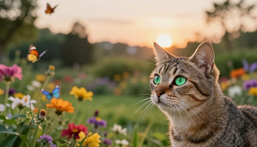 A serene and captivating scene illustrating a cat's stereoscopic vision, showcasing its unique perspective of the world. In the foreground, a sleek, attentive feline with striking emerald eyes scans its environment, capturing the essence of depth perception. The middle ground features a vibrant garden filled with colorful flowers and playful butterflies, rendered in slightly blurred layers to simulate depth. The background presents a soft-focus landscape of lush greenery and a gentle sunset sky, casting warm, golden light. Use a wide-angle lens perspective to enhance the sense of space. The mood is tranquil yet alert, reflecting the cat's natural curiosity and spatial awareness as it perceives its surroundings in a way that humans cannot.