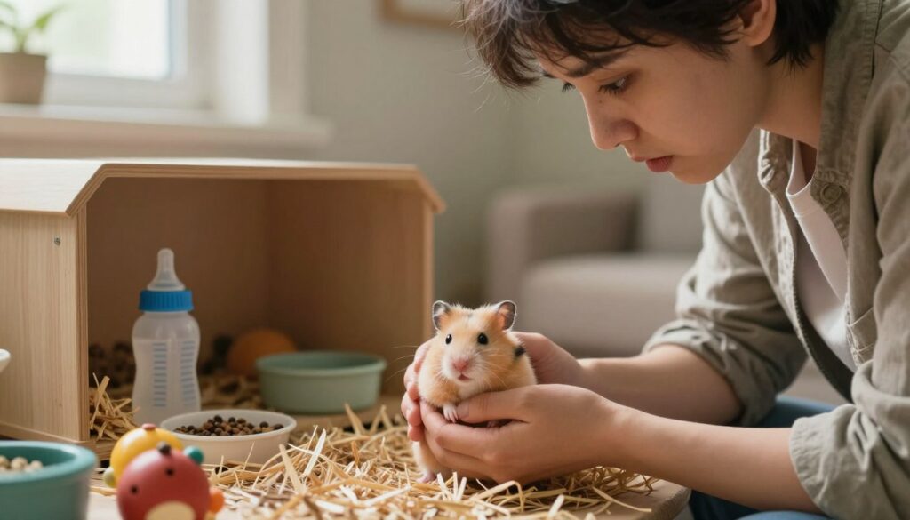 A serene and detailed scene depicting an attentive caregiver gently examining a hamster in a cozy home environment. In the foreground, a person in modest casual clothing is carefully holding the small hamster, looking for signs of life, with a gentle expression of concern on their face. The hamster is nestled in a soft bedding of straw, its fur fluffy and warm. In the middle ground, a small, well-organized pet habitat with a water bottle, a food dish, and some toys offers context. In the background, soft natural light filters through a window, casting a warm glow that enhances the comforting atmosphere. This image captures the essence of home care and the importance of monitoring a pet's health.