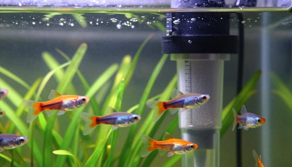 A serene aquarium scene showcasing the essential water parameters for guppy health. In the foreground, vibrant guppies with colorful fins swim gracefully among lush green aquatic plants, illustrating a lively ecosystem. The middle ground features a detailed aquarium filter system, emphasizing its importance in maintaining water quality through clear bubbles and efficient flow. The background showcases a gentle light filtering through the water, creating a calm and inviting atmosphere. Soft rays illuminate floating particles, enhancing the impression of a balanced, healthy habitat. Capture the essence of clarity and cleanliness in the water, with a focus on the dynamic interaction between the fish and their environment. Use a bright, natural lighting setup to emphasize the vivid colors of the fish and plants.