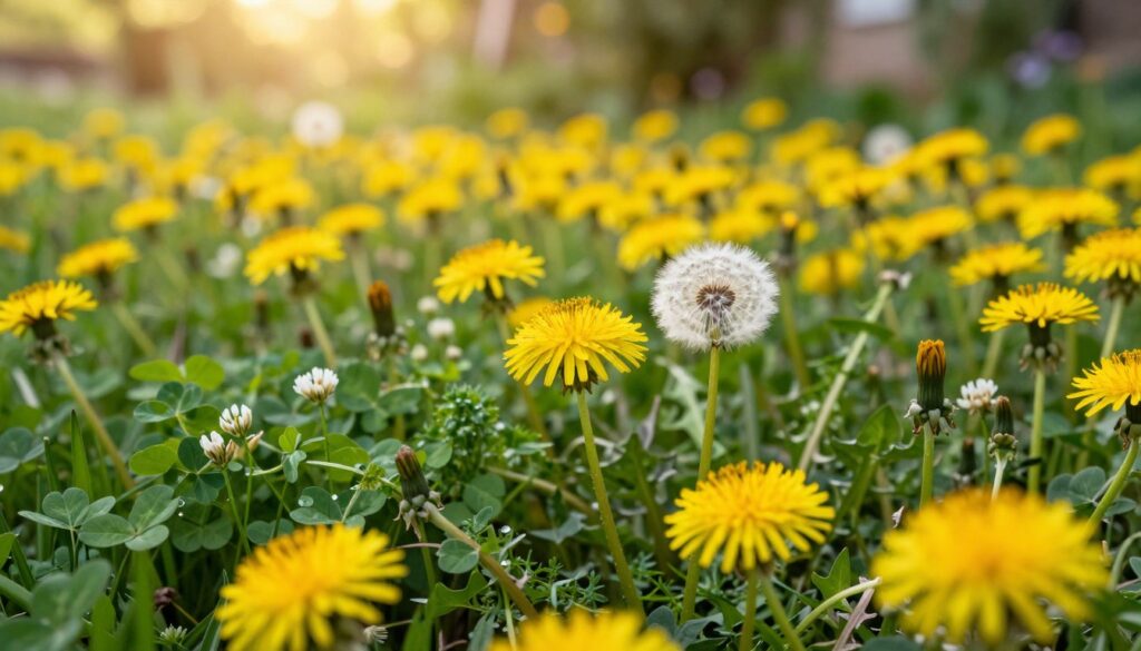 A serene close-up of a lush dandelion field, with vibrant yellow flowers in full bloom. In the foreground, a few dandelion stems are artistically positioned, showcasing their fluffy seed heads. The middle layer reveals a variety of fresh, green herbs blending harmoniously with the dandelions, such as clover and chickweed, symbolizing safe forage. The background features a softly blurred garden scene, bathed in warm, golden sunlight that creates a tranquil atmosphere. The lighting enhances the natural colors, evoking a sense of peacefulness and abundance. The composition captures the essence of safe, healthy herbs for guinea pigs, with an emphasis on dandelions that complements the theme without distractions or text.