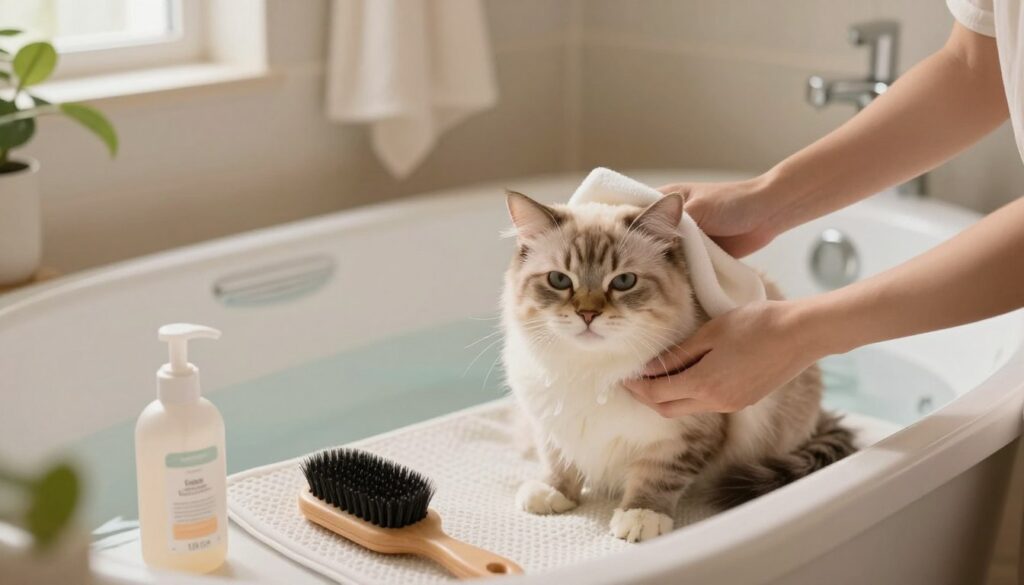 A serene indoor bathroom scene focusing on preparing to bathe a cat. In the foreground, a fluffy, relaxed cat sits comfortably in a non-slip bath mat, surrounded by grooming accessories like a soft brush, cat shampoo, and a pipette for rinsing. The middle ground features a bathtub filled with a little lukewarm water, while a gentle hand holds a washcloth, reassuringly poised beside the cat. In the background, calming lighting casts a warm glow, with soft towels hanging occasionally. There’s a hint of greenery from a potted plant near a window, enhancing the peaceful atmosphere. The mood is calm, nurturing, and stress-free, emphasizing a positive bathing experience for both the cat and owner, shot in a soft focus with a slightly elevated angle.
