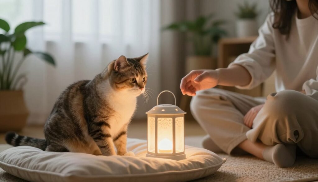 A serene indoor scene featuring a gentle domestic cat perched comfortably on a soft cushion, exuding a sense of calm and trust. In the foreground, the cat gazes thoughtfully at a delicate, softly glowing lantern that symbolizes safety and warmth. The middle ground includes a cozy room setting with plants and light filtering through sheer curtains, creating an inviting atmosphere. In the background, a person in modest casual clothing sits quietly, extending a hand towards the cat, illustrating the transfer of trust and security. Soft, warm lighting envelops the scene, creating a harmonious and peaceful mood, while a shallow depth of field focuses on the interaction between the cat and the person. The overall composition conveys a strong sense of safety, connection, and emotional warmth. A serene indoor scene featuring a gentle domestic cat perched comfortably on a soft cushion, exuding a sense of calm and trust. In the foreground, the cat gazes thoughtfully at a delicate, softly glowing lantern that symbolizes safety and warmth. The middle ground includes a cozy room setting with plants and light filtering through sheer curtains, creating an inviting atmosphere. In the background, a person in modest casual clothing sits quietly, extending a hand towards the cat, illustrating the transfer of trust and security. Soft, warm lighting envelops the scene, creating a harmonious and peaceful mood, while a shallow depth of field focuses on the interaction between the cat and the person. The overall composition conveys a strong sense of safety, connection, and emotional warmth.