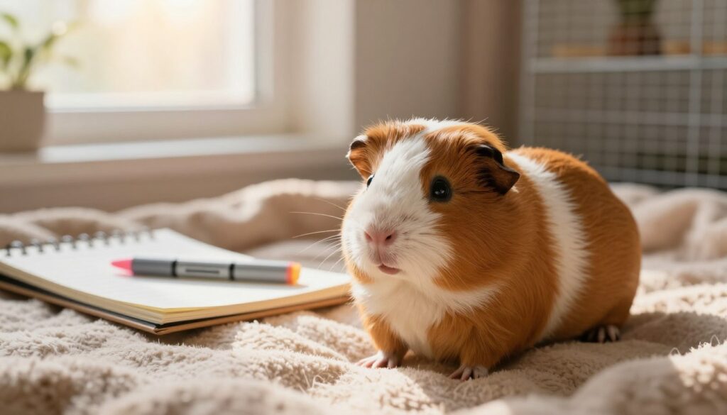 A serene indoor setting featuring a calm guinea pig in a cozy pen, surrounded by soft bedding and gentle, warm lighting. The foreground captures the guinea pig sitting comfortably, showcasing its healthy fur and bright eyes. In the middle ground, there are observation tools like a notepad and soft, colorful markers, indicating a day-to-day tracking of the guinea pig's behavioral signs during its heat cycle. In the background, a window with soft sunlight filtering through, casting a warm glow, creating a peaceful atmosphere. The overall mood is tranquil and nurturing, emphasizing a stress-free environment for both the pet and the observer, focusing on care and attentiveness. A serene indoor setting featuring a calm guinea pig in a cozy pen, surrounded by soft bedding and gentle, warm lighting. The foreground captures the guinea pig sitting comfortably, showcasing its healthy fur and bright eyes. In the middle ground, there are observation tools like a notepad and soft, colorful markers, indicating a day-to-day tracking of the guinea pig's behavioral signs during its heat cycle. In the background, a window with soft sunlight filtering through, casting a warm glow, creating a peaceful atmosphere. The overall mood is tranquil and nurturing, emphasizing a stress-free environment for both the pet and the observer, focusing on care and attentiveness.