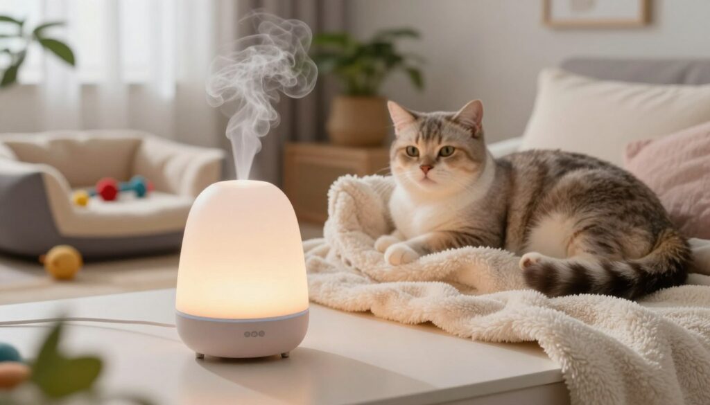 A serene indoor setting featuring a relaxed domestic cat resting comfortably on a plush, soft blanket. In the foreground, an elegantly designed pheromone diffuser emits a gentle, calming mist, with soft, warm lighting highlighting its curves. The middle ground includes soothing accessories like a cozy cat bed and toys that invite playfulness, all in harmonious pastel colors. The background features a tranquil home environment with plants and soft curtains, enhancing the sense of peace. The overall mood is soothing and comforting, conveying a sense of safety and tranquility, ideal for reducing stress in both cats and their owners. The angle is slightly elevated, capturing the cozy atmosphere from a warm perspective. A serene indoor setting featuring a relaxed domestic cat resting comfortably on a plush, soft blanket. In the foreground, an elegantly designed pheromone diffuser emits a gentle, calming mist, with soft, warm lighting highlighting its curves. The middle ground includes soothing accessories like a cozy cat bed and toys that invite playfulness, all in harmonious pastel colors. The background features a tranquil home environment with plants and soft curtains, enhancing the sense of peace. The overall mood is soothing and comforting, conveying a sense of safety and tranquility, ideal for reducing stress in both cats and their owners. The angle is slightly elevated, capturing the cozy atmosphere from a warm perspective.