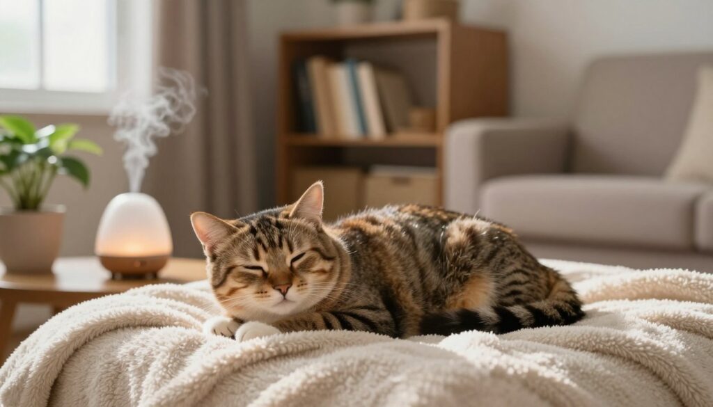 A serene indoor setting focused on a relaxed cat lying comfortably on a soft, plush blanket in a cozy living room. The foreground features the cat with its eyes half-closed, conveying a sense of tranquility. Surrounding the cat are a few calming items, such as a small diffuser emitting a gentle mist and a potted plant that adds a touch of nature. The middle ground shows a warm, inviting room with soft natural light coming through a window, enhancing the peaceful atmosphere. In the background, a bookshelf with neatly arranged books and a comfortable armchair creates a sense of calm and order. The overall mood is soothing and restful, ideal for illustrating techniques for reducing stress in cats. A serene indoor setting focused on a relaxed cat lying comfortably on a soft, plush blanket in a cozy living room. The foreground features the cat with its eyes half-closed, conveying a sense of tranquility. Surrounding the cat are a few calming items, such as a small diffuser emitting a gentle mist and a potted plant that adds a touch of nature. The middle ground shows a warm, inviting room with soft natural light coming through a window, enhancing the peaceful atmosphere. In the background, a bookshelf with neatly arranged books and a comfortable armchair creates a sense of calm and order. The overall mood is soothing and restful, ideal for illustrating techniques for reducing stress in cats.