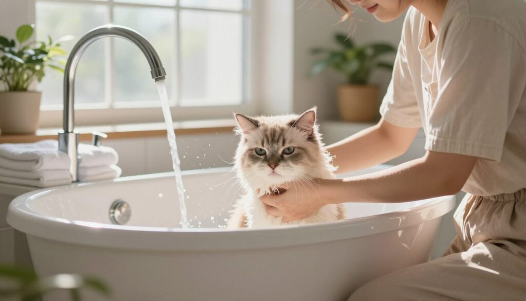 A serene indoor setting showcasing a calm, fluffy cat being gently bathed in a cozy bathroom. In the foreground, a person wearing a simple, modest outfit kneels beside a bathtub, carefully holding the cat with a loving expression. Water splashes gently from the faucet above, creating a soothing atmosphere. The middle ground features a large window allowing soft, natural sunlight to stream in, illuminating the scene with a warm glow. Background elements include potted plants and neatly arranged towels, enhancing the comforting vibe. The overall mood is peaceful and nurturing, emphasizing the importance of maintaining a cat’s hygiene while minimizing stress during bath time.