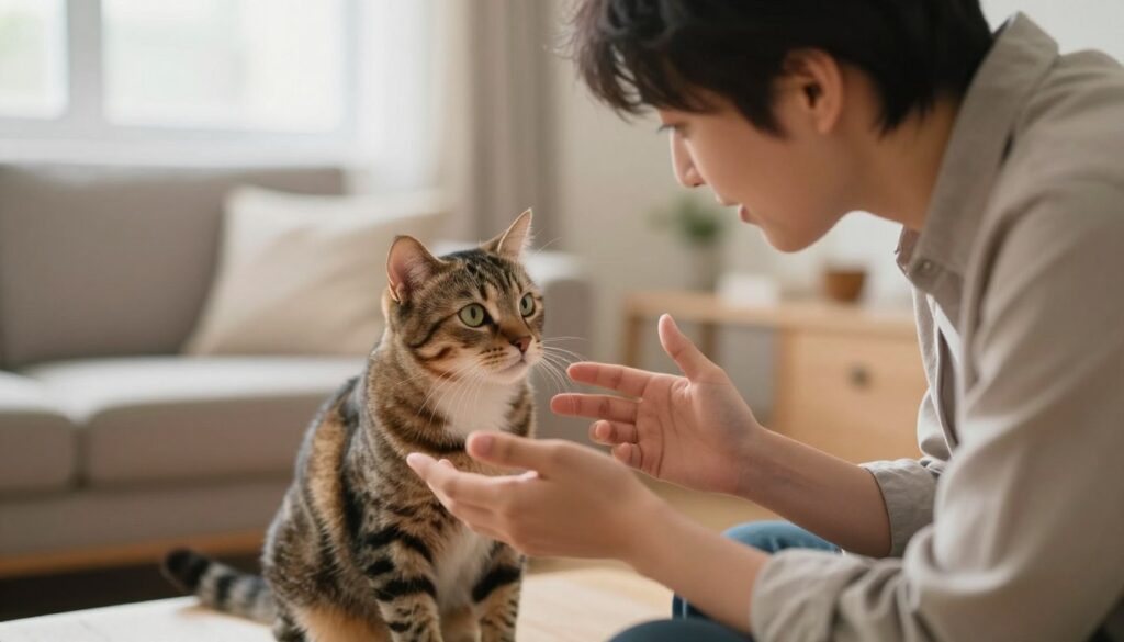 A serene indoor setting where a person, dressed in casual yet professional clothing, is engaged in visual communication with a curious tabby cat. In the foreground, the person is leaning slightly forward, making eye contact with the cat and using gentle hand gestures to signal affection. The cat, with its ears perked up, is situated in the middle ground, attentively observing the person. The background should feature a cozy living room environment with soft lighting filtered through a window, creating a warm and inviting atmosphere. Use a shallow depth of field to focus on the interaction between the person and the cat, emphasizing their connection and the concept of visual communication. The overall mood should be calm, reassuring, and engaging, reflecting a bond built on trust and understanding. A serene indoor setting where a person, dressed in casual yet professional clothing, is engaged in visual communication with a curious tabby cat. In the foreground, the person is leaning slightly forward, making eye contact with the cat and using gentle hand gestures to signal affection. The cat, with its ears perked up, is situated in the middle ground, attentively observing the person. The background should feature a cozy living room environment with soft lighting filtered through a window, creating a warm and inviting atmosphere. Use a shallow depth of field to focus on the interaction between the person and the cat, emphasizing their connection and the concept of visual communication. The overall mood should be calm, reassuring, and engaging, reflecting a bond built on trust and understanding.