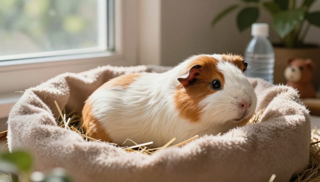 A serene indoor setting with a cozy atmosphere, featuring a pregnant guinea pig resting comfortably in a soft, warm nest made of hay and blankets, surrounded by gentle sunlight filtering through a nearby window. The foreground showcases the guinea pig, its round belly visible, with a soft expression indicating relaxation. In the middle ground, subtle hints of a couple of small toys and a water bottle can be seen, emphasizing care and nurturing. The background includes soft, blurred green plants to create a natural and calming environment. The lighting is soft and warm, creating an inviting mood that evokes tenderness and anticipation, reflecting the theme of gestation duration and early signs of pregnancy. A serene indoor setting with a cozy atmosphere, featuring a pregnant guinea pig resting comfortably in a soft, warm nest made of hay and blankets, surrounded by gentle sunlight filtering through a nearby window. The foreground showcases the guinea pig, its round belly visible, with a soft expression indicating relaxation. In the middle ground, subtle hints of a couple of small toys and a water bottle can be seen, emphasizing care and nurturing. The background includes soft, blurred green plants to create a natural and calming environment. The lighting is soft and warm, creating an inviting mood that evokes tenderness and anticipation, reflecting the theme of gestation duration and early signs of pregnancy.