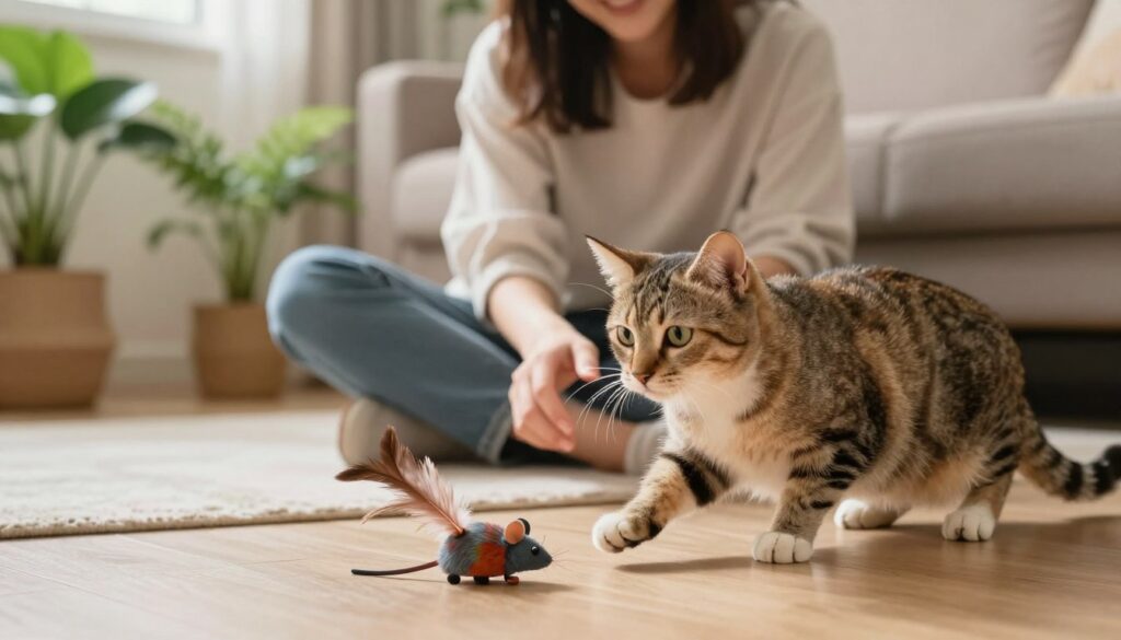 A serene indoor setting with soft, warm lighting illuminating a cozy corner of a living room. In the foreground, a playful, slightly shy wild cat, its fur marked with earthy tones and bright eyes, cautiously reaches out towards a colorful toy mouse on the floor. The toy has a feather attached, bouncing slightly as it catches the light. In the middle ground, a gentle, smiling person in casual clothing sits cross-legged, encouraging the cat's exploration with a calm demeanor, extending a hand without direct contact. In the background, a few houseplants add a touch of vibrancy, enhancing the inviting atmosphere. The mood is warm, nurturing, and focused on trust-building through play and non-threatening interaction. A serene indoor setting with soft, warm lighting illuminating a cozy corner of a living room. In the foreground, a playful, slightly shy wild cat, its fur marked with earthy tones and bright eyes, cautiously reaches out towards a colorful toy mouse on the floor. The toy has a feather attached, bouncing slightly as it catches the light. In the middle ground, a gentle, smiling person in casual clothing sits cross-legged, encouraging the cat's exploration with a calm demeanor, extending a hand without direct contact. In the background, a few houseplants add a touch of vibrancy, enhancing the inviting atmosphere. The mood is warm, nurturing, and focused on trust-building through play and non-threatening interaction.