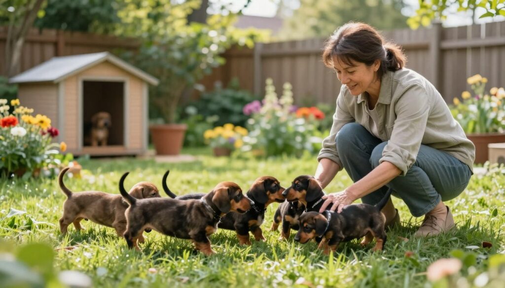 A serene outdoor scene showcasing a responsible dachshund breeder in a lush green garden, caring for a litter of adorable dachshund puppies. In the foreground, the puppies playfully interact with each other, displaying their unique coat patterns and colors, with some wagging their tails. The breeder, a middle-aged woman dressed in modest casual clothing, gently kneels beside them, smiling as she observes their playful antics. In the middle ground, there are vibrant flowers and soft grass, enhancing the lively atmosphere. The background features a cozy, sunlit dog kennel and a wooden fence lined with greenery. Natural sunlight filters through the trees, creating a warm and inviting ambiance, ideal for educating prospective puppy owners about responsible breeding practices.