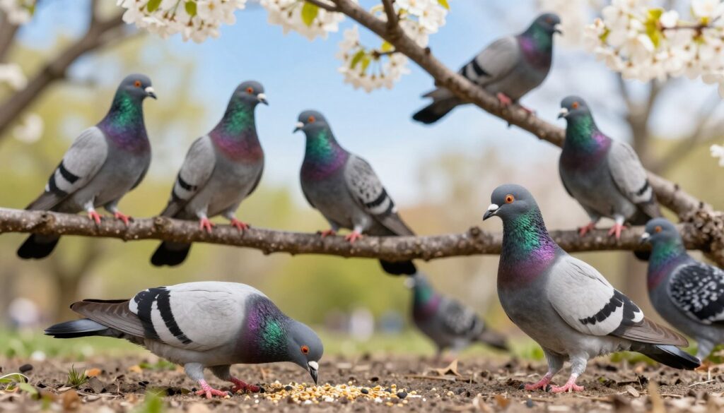 A serene park scene in Poland showcasing various pigeon species in their natural habitat. In the foreground, a majestic Rock Pigeon with iridescent feathers pecks at seeds on the ground, while a group of colorful Wood Pigeons perches on a nearby branch. In the middle ground, a healthy dove, symbolizing longevity, rests peacefully under a blossoming tree. The background features a clear blue sky, soft sunlight filtering through the leaves, creating a warm and inviting atmosphere. The composition captures the diversity of pigeon species, emphasizing their unique characteristics and vibrant colors. The scene should evoke a sense of harmony with nature, highlighting the beauty and vitality of these birds in Poland. Use a soft focus lens effect to create a dreamy quality.