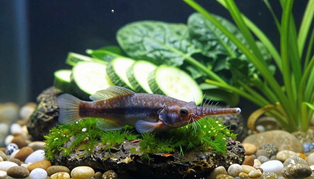 A serene underwater scene featuring a healthy and vibrant tank with a freshwater fish, specifically a bristlenose pleco, also known as "glonojad zbrojnik," grazing on lush green algae on aquarium rocks. In the foreground, show the pleco with its distinctive bristly nose and varied texture, accentuating its natural colors. In the middle ground, depict an array of fresh vegetables, like zucchini slices and spinach leaves, to represent a balanced diet, surrounded by natural elements like pebbles and aquatic plants. The background should feature soft lighting filtering through water, creating a calming atmosphere with gentle bubbles rising. The overall mood embodies tranquility and highlights the importance of proper diet while showcasing the vibrant aquatic ecosystem.