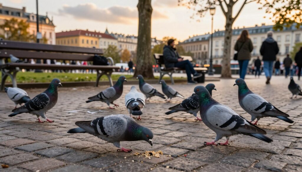 A serene urban scene depicting a variety of pigeons, including the common city pigeon, amidst a bustling environment. In the foreground, showcase a few pigeons pecking at crumbs on a cobblestone street, highlighting their iridescent feathers in shades of gray and green. The middle ground features park benches and trees, with the pigeons interacting with passersby, who are casually dressed, observing the birds. In the background, a cityscape of historical buildings and soft clouds reflects a warm, golden late afternoon light, creating a cozy and inviting atmosphere. The focus should be sharp on the pigeons, with a slight blur on the background to emphasize their presence in the urban setting. The overall mood is peaceful and lively, capturing the essence of city life with pigeons as the focal point. A serene urban scene depicting a variety of pigeons, including the common city pigeon, amidst a bustling environment. In the foreground, showcase a few pigeons pecking at crumbs on a cobblestone street, highlighting their iridescent feathers in shades of gray and green. The middle ground features park benches and trees, with the pigeons interacting with passersby, who are casually dressed, observing the birds. In the background, a cityscape of historical buildings and soft clouds reflects a warm, golden late afternoon light, creating a cozy and inviting atmosphere. The focus should be sharp on the pigeons, with a slight blur on the background to emphasize their presence in the urban setting. The overall mood is peaceful and lively, capturing the essence of city life with pigeons as the focal point.
