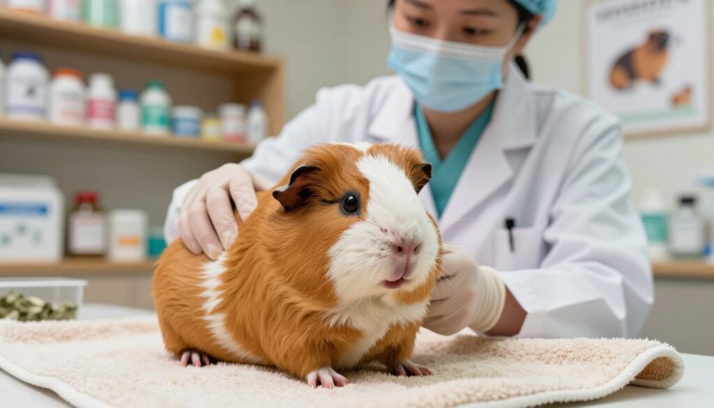 A sick guinea pig exhibiting signs of dehydration and diarrhea in a cozy, well-lit veterinary clinic. In the foreground, a worried guinea pig is depicted with sunken eyes, a dry mouth, and slightly ruffled fur, sitting on a soft, clean towel. In the middle ground, a veterinary professional, dressed in a white coat, is gently examining the guinea pig, showcasing a sense of care and concern. The background features shelves filled with guinea pig care supplies and posters about pet health, subtly blurred to emphasize the foreground action. The lighting is warm and inviting, creating an atmosphere of compassion and urgency. The overall mood conveys the importance of immediate veterinary attention for pets in distress.